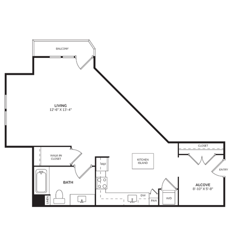 Floor plan for studio, 1 bath, 839 sqft